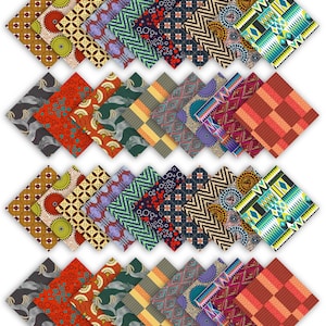 Puede incluir: Una colección de cuadrados de tela estampada con diversos diseños y colores. Los patrones incluyen formas geométricas, motivos florales y diseños abstractos. La paleta de colores incluye rojo, naranja, verde, azul y amarillo.