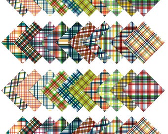 Puede incluir: Una colección de 48 cuadrados de tela con varios patrones de cuadros en tonos de rojo, verde, azul, amarillo y blanco. Los cuadrados están dispuestos en cuatro filas de 12 cuadrados cada una.