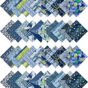 May include: A set of 24 fabric squares in various shades of blue, green, and yellow with geometric and abstract patterns. The squares are arranged in four rows of six squares each.