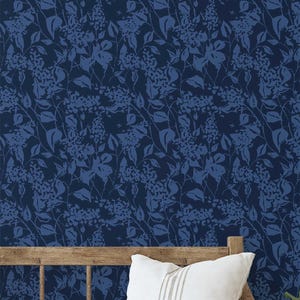 S4sassy Tapete, Blaues botanisches Druckwandbild, Tapete zum Abziehen und Aufkleben für Wände, Eingangsbereich, Akzentwand, Büro