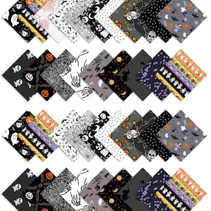 Peut inclure: Un assortiment de carrés de tissu sur le thème d'Halloween avec divers motifs. Les motifs incluent des fantômes, des citrouilles, des toiles d'araignées, des chauves-souris et des silhouettes de sorcières. La palette de couleurs comprend le noir, le blanc, l'orange et le gris. Idéal pour le bricolage.