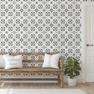 S4sassy Removable Vintage Style Waterproof Wall Wrap, Gray Floral Tile Contact Paper for Backsplash, Kitchen, Self Adhesive Vinyl Wallpaper