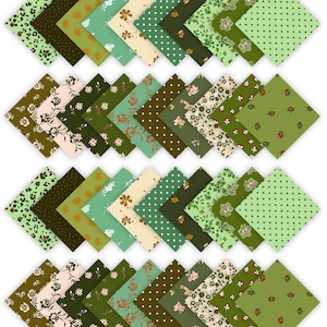 Könnte beinhalten: Ein Set mit 24 Stoffquadraten mit verschiedenen grünen, braunen und cremefarbenen Blumenmustern. Die Quadrate sind versetzt angeordnet.
