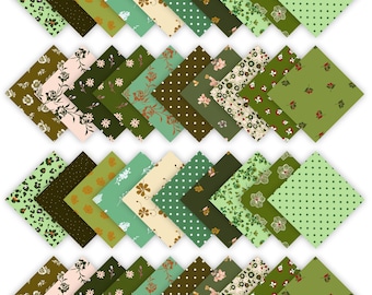 May include: A set of 24 fabric squares featuring a variety of green, brown and cream floral designs. The squares are arranged in a staggered pattern.