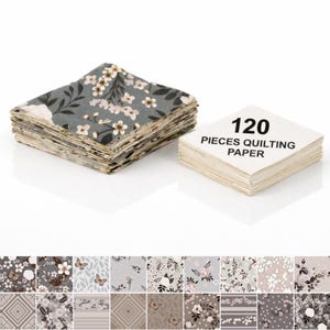 May include: A stack of square quilting paper with a floral pattern in grey, white, and brown. Next to it is a stack of 120 pieces of quilting paper. The paper is for quilting and crafting.