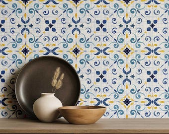 S4sassy Self Adhesive Wallpaper, Blue Tile Pattern Wall Covering, Peel & Stick wall Paper for Entryway accent wall, Kitchen Backsplash, Wall