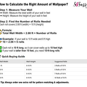 May include: Informative guide on calculating wallpaper needs. Includes steps for measuring walls, finding the number of rolls, and a quick buying guide with suggested rolls based on wall dimensions in feet. Features a formula and example calculation.