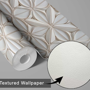 May include: A roll of textured wallpaper with a repeating floral pattern in white and beige. The image includes a close-up of the wallpaper's texture and the text "Textured Wallpaper".