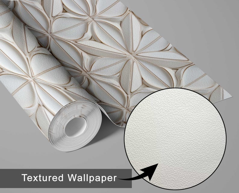 May include: A roll of textured wallpaper with a repeating floral pattern in white and beige. The image includes a close-up of the wallpaper's texture and the text "Textured Wallpaper".