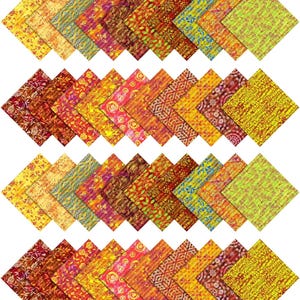 May include: A collection of 42 fabric squares in various shades of yellow, orange, red, and brown. Each square features a different pattern, including floral, geometric, and abstract designs.