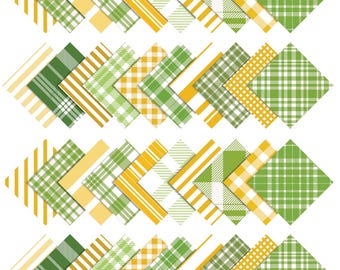 May include: A set of 40 fabric squares in various patterns of green, yellow, and white plaid, gingham, and stripes. The squares are arranged in four rows of ten, with each row offset from the one above it.