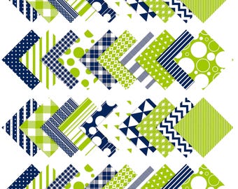May include: A repeating arrow design composed of patterned paper squares. The patterns feature polka dots, stripes, triangles, and plaid in navy blue, white, and lime green. The arrangement is set against a white background.