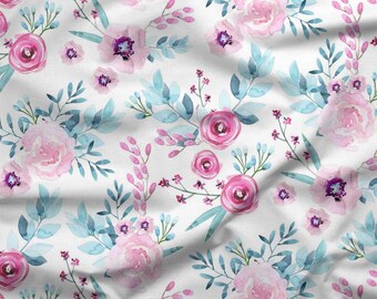 May include: Watercolor floral fabric featuring pink roses, small purple flowers, and blue-green leaves on a white background. The design includes a ruler with inches and centimeters.