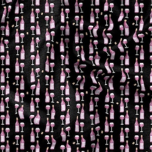 Black Cotton Fabric – Bottle & Wine Glass Print, Quilting Material