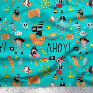 May include: Teal fabric featuring a repeating pattern of cartoon pirates, ships, treasure maps, and sea creatures. The word "AHOY!" is displayed. Includes a ruler at the bottom with centimetre measurements.