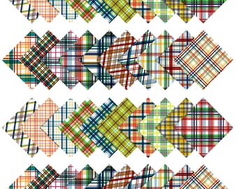 May include: A collection of 48 fabric squares featuring a variety of plaid patterns in shades of red, green, blue, yellow, and white. The squares are arranged in four rows of 12 squares each.