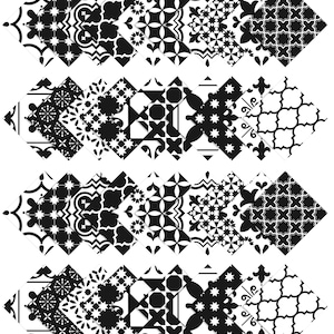 May include: Black and white geometric patterned tile stickers. The stickers are arranged in a repeating pattern of squares and diamonds.