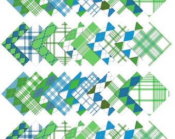 May include: A set of 24 digital paper squares featuring various plaid and argyle patterns in shades of green, blue, and white. The squares are arranged in a staggered pattern.