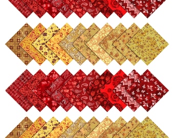May include: A collection of fabric squares in various shades of red and gold. The squares feature floral, paisley, and geometric patterns. The fabric is arranged in rows, showcasing the different designs and colors.