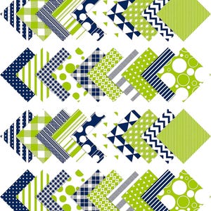 May include: A set of 48 green and navy blue patterned fabric squares. The squares feature various patterns including polka dots, stripes, gingham, and geometric designs.