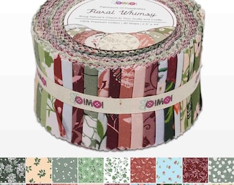 May include: A roll of 40 fabric strips featuring a floral pattern in shades of pink, green, and brown. The fabric is 100% cotton and is labeled "Floral Whimsy".