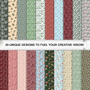 May include: Twenty unique floral patterns in various colors, including red, blue, green, and cream. The patterns are arranged in a grid, and each pattern is a different design. The text "20 UNIQUE DESIGNS TO FUEL YOUR CREATIVE VISION!" is at the bottom of the image.
