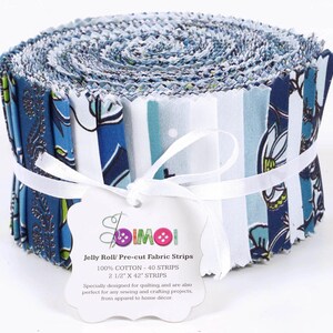 May include: A roll of pre-cut fabric strips in blue and white patterns. The fabric is 100% cotton and comes in 40 strips, each measuring 2 1/2 inches by 42 inches. The label reads "Jelly Roll/ Pre-cut Fabric Strips".
