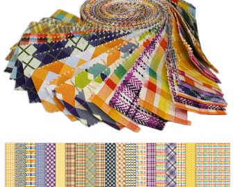 Puede incluir: Un rollo de tiras de tela coloridas, que muestra una variedad de patrones que incluyen rombos, cuadros y diseños geométricos. La tela presenta una mezcla de colores vibrantes como naranja, amarillo, morado y verde, ideal para proyectos de acolchado y manualidades.