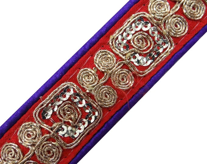 Red Beaded Trim Sequins Ribbon Floral Embroidered Ribbon Sari Etsy