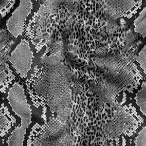 Puede incluir: Un diseño textil en escala de grises que combina estampados de serpiente y leopardo. El estampado de serpiente presenta una textura escamosa en tonos grises y negros. El estampado de leopardo es un patrón de manchas, también en escala de grises.