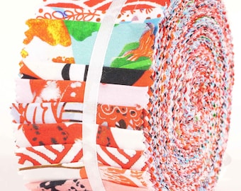 Japanese Print Fabric Jelly Roll – Red & Blue Cotton Quilting Strips