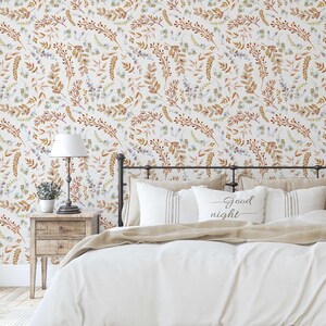 Carta da parati S4Sassy con foglie acquerellate - Carta da parati con foglie beige, carta da parati autoadesiva in vinile, decorazioni fai da te facili per camera da letto, soggiorno e zona living