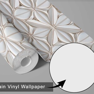May include: A roll of plain vinyl wallpaper with a repeating white and beige floral pattern. The wallpaper is partially unrolled, revealing the pattern and the roll's interior. The text "Plain Vinyl Wallpaper" is at the bottom.