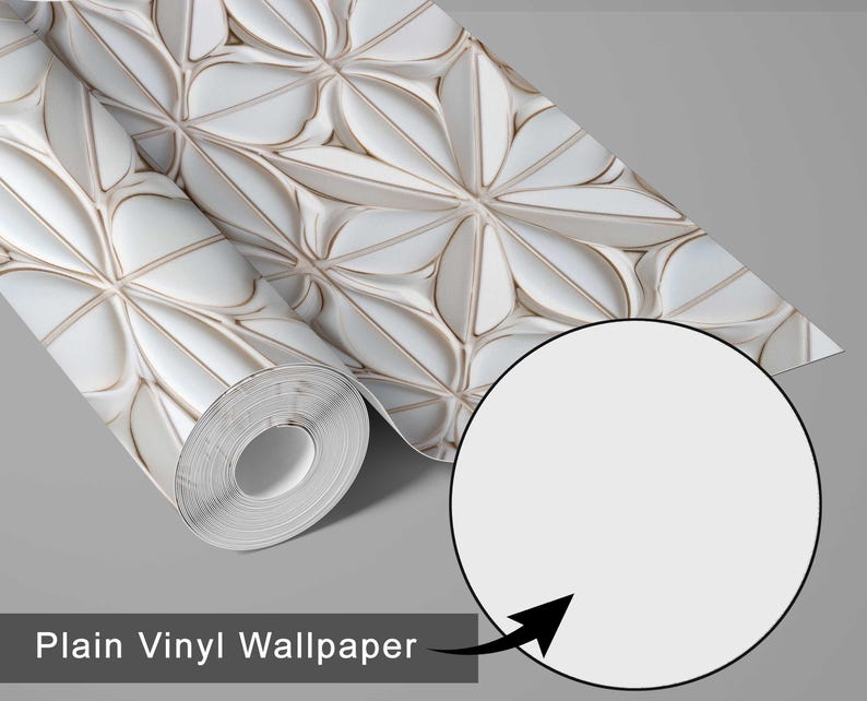 May include: A roll of plain vinyl wallpaper with a repeating white and beige floral pattern. The wallpaper is partially unrolled, revealing the pattern and the roll's interior. The text "Plain Vinyl Wallpaper" is at the bottom.