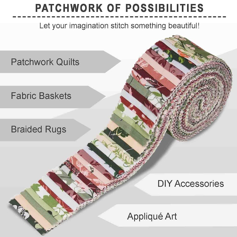 May include: A roll of fabric scraps in various shades of pink, green, and white with floral patterns. The fabric is rolled up and tied with a ribbon. The text "Patchwork of Possibilities" is at the top of the image. The text "Let your imagination stitch something beautiful!" is below the title. The text "Patchwork Quilts", "Fabric Baskets", "Braided Rugs", "DIY Accessories", and "Appliqu&eacute; Art" are listed below the fabric roll.