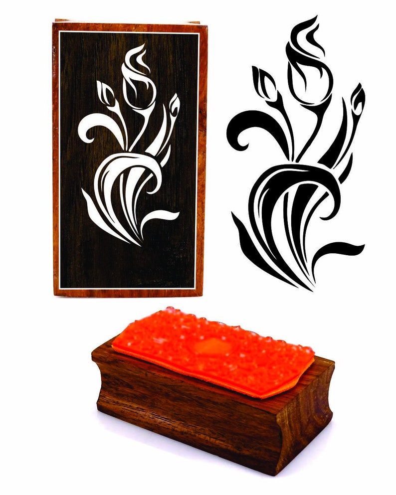 Indian Printing Block Scrap-Book Craft By 1 Pc Printer Stamp PRB-1201 Antique Decorative Lily Flower Design Rectangular Wood Rubber Stamp