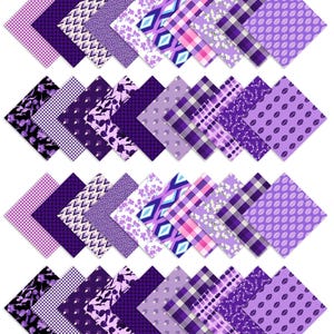 May include: An assortment of purple patterned paper squares arranged in rows. The designs include floral, plaid, geometric, and leaf patterns in shades of purple, lavender, and white. These papers are likely for crafting or scrapbooking projects.