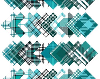 May include: A selection of diamond-shaped fabric swatches displaying diverse plaid patterns. The colour scheme incorporates teal, turquoise, black, white, and grey. The swatches present various plaid designs, including traditional and contemporary styles.