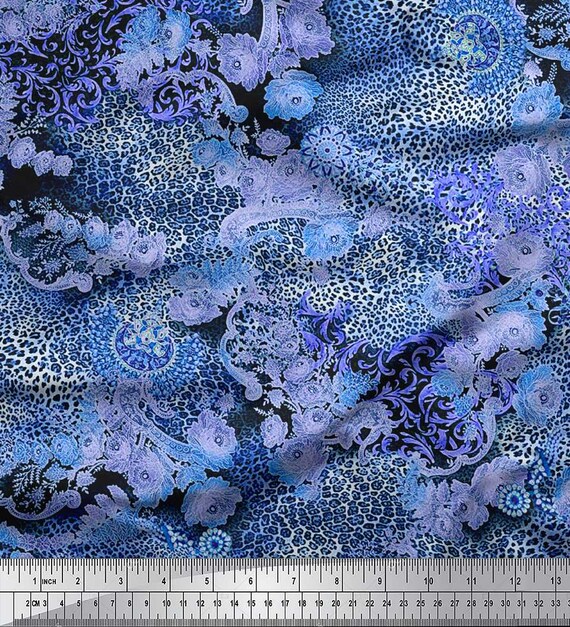Soimoi Chinese Floral Print - Blue, Pure Silk Fabric - 42 Inch Wide, 1 Meter, Lightweight Material, Perfect For Elegant Dresses, Sarees, Scarves