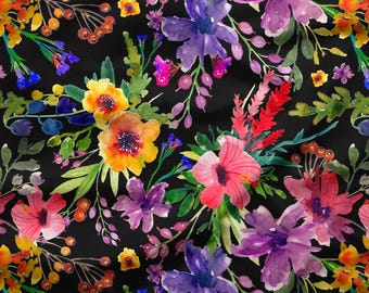 May include: A colourful floral pattern with watercolour flowers in pink, purple, yellow, and orange on a black backdrop. The design includes various flower types and green foliage, with a ruler showing inches and centimetres.