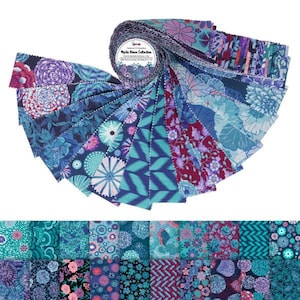 May include: A roll of 2.5 inch fabric strips featuring a variety of floral and geometric patterns in shades of blue, purple, and teal. The fabric is called "Mystic Bloom Collection" and is by the brand "Riley Blake Designs".