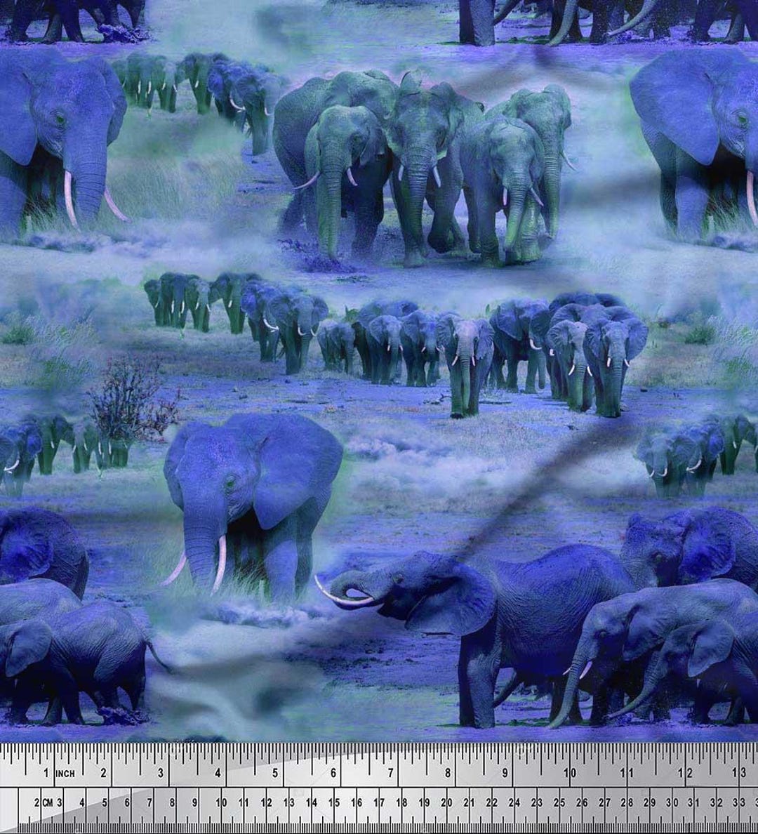 Soimoi Cotton Canvas Fabric - Tree & Elephant Animal Print By The Yard, 56 Inch Wide