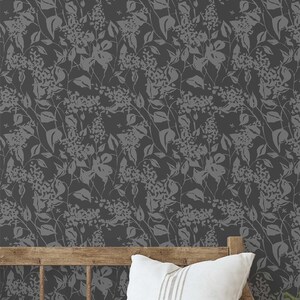 S4sassy Tapete, Graues botanisches Druckwandbild, Tapete zum Abziehen und Aufkleben für Wände, Eingangsbereich, Akzentwand, Büro