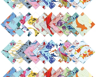 May include: A collection of square fabric napkins with various patterns. Designs include koi fish, floral arrangements, and abstract shapes in shades of blue, orange, pink, and green. The napkins are arranged in a diamond pattern.
