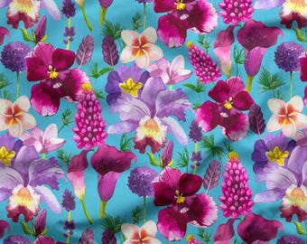 Floral Cotton Fabric – Turquoise Botanical Print, By The Yard