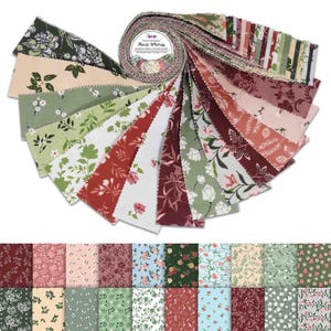 May include: A roll of 2.5 inch wide fabric strips featuring a variety of floral patterns in shades of green, red, and pink. The fabric is called "Floral Whimsy" and is perfect for quilting, crafts, and other sewing projects.