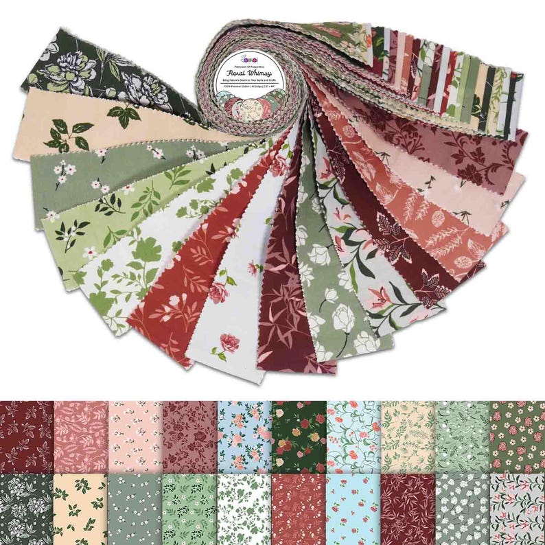 May include: A roll of 2.5 inch wide fabric strips featuring a variety of floral patterns in shades of green, red, and pink. The fabric is called "Floral Whimsy" and is perfect for quilting, crafts, and other sewing projects.