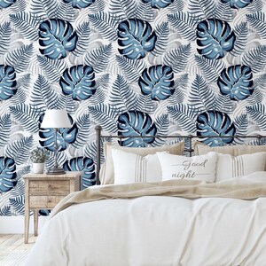 Carta da parati in vinile S4Sassy, carta da parati adesiva con foglie, impermeabile, blu, rimovibile, per camera da letto, soggiorno e bagno