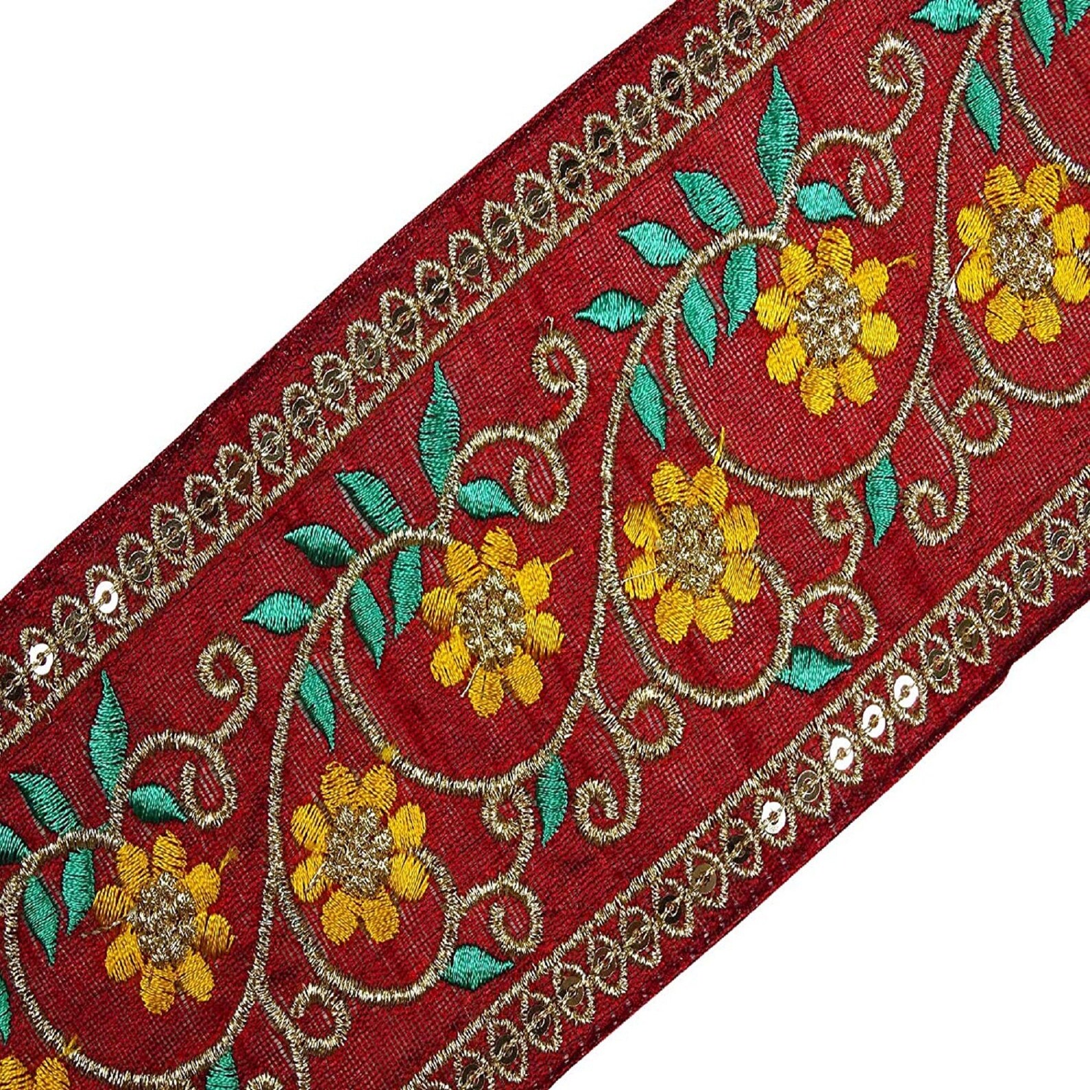 Indian Dress Fabric Trim Red Floral Fabric Trim Craft Etsy
