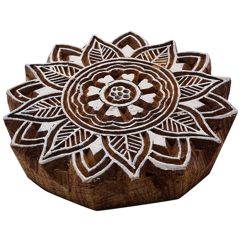 1 Pcs Decorative Wooden Floral HandCarved Textile Stamp Collectible Blocks Pottery Scrapbook Stamp PB2965A